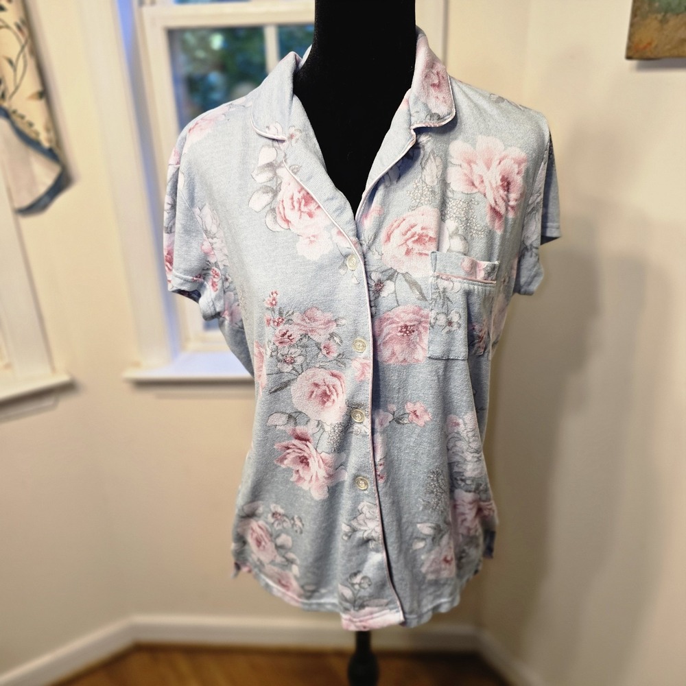 Laura Ashley Pajama Top Floral Short Sleeve‎ Button Down Sleep Shirt Medium